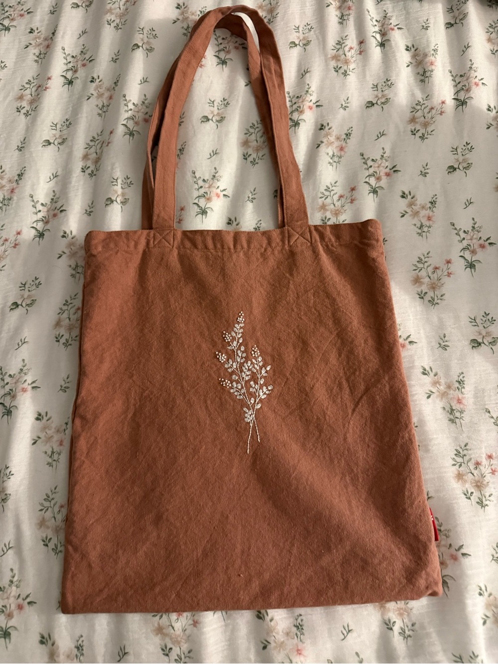 Rust Brown Embroidered Floral Canvas Tote Bag